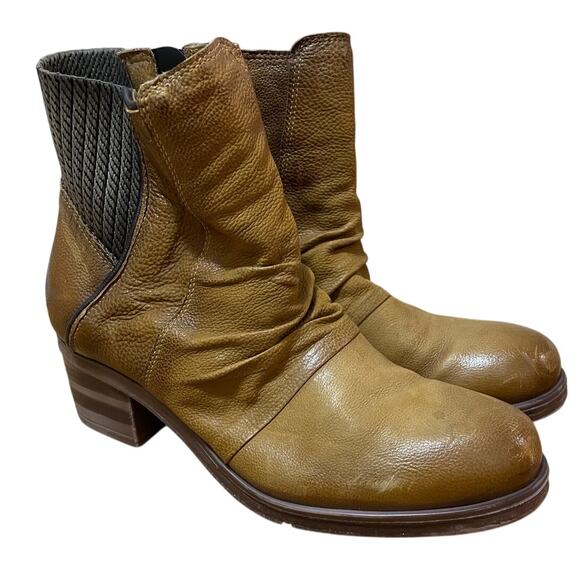 Miz Mooz Scarlett Leather‎ Block Heel Ankle Bootie Acorn Tan Brown Women's 42 - Picture 1 of 9